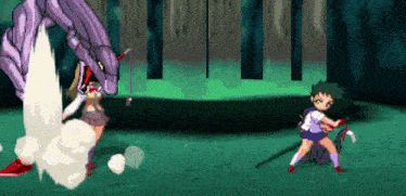a cartoon of a girl fighting a monster