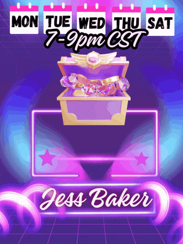 an advertisement for jess baker shows a treasure chest