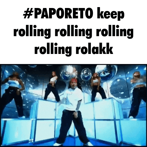 a group of people are dancing on a stage with the caption #paporeto keep rolling rolling rolling rolakk
