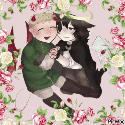 a drawing of a devil and an angel surrounded by roses with picmix at the bottom