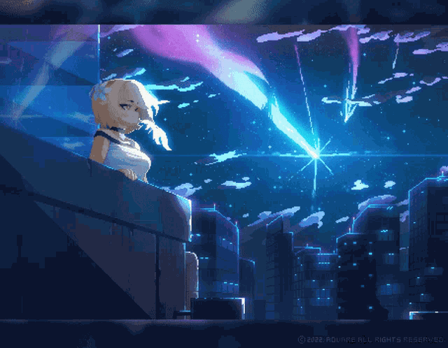 a pixel art of a girl looking at a shooting star