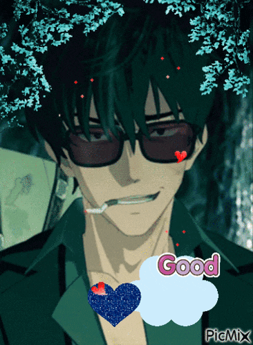 a picture of a man with glasses and a heart with the word good above him