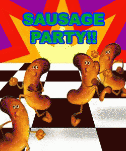 a cartoon of sausages dancing with the words sausage party written above them