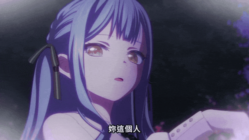 a blue haired anime girl with chinese characters on her face