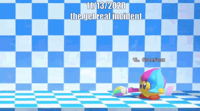 a cartoon character is standing in front of a checkered wall with the date 11/13/2020 on it .