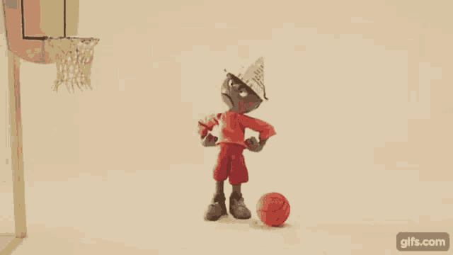 a cartoon of a man playing basketball with a newspaper in his hand