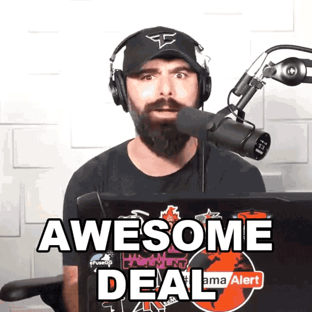 a man wearing headphones stands in front of a microphone with the words awesome deal above him
