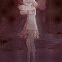 a pixelated image of a girl in a white dress walking in a dark room .