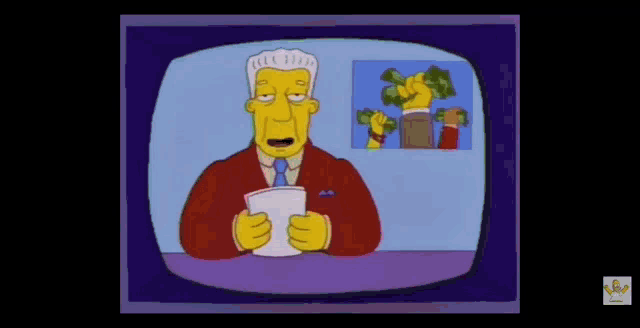 a cartoon character is holding a piece of paper in front of a picture of a man holding money