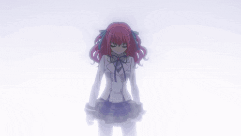 a girl with red hair and a white jacket is standing in front of a building