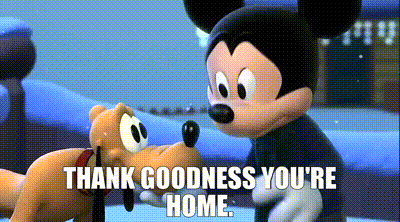 mickey mouse and pluto are standing next to each other with the words thank goodness you 're home
