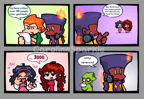 a comic strip by caroline sparkle shows a man talking to a woman