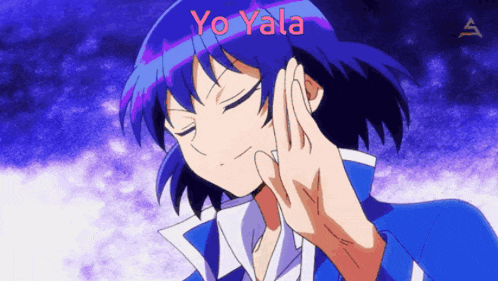 a blue haired anime character with yo yala written on the bottom