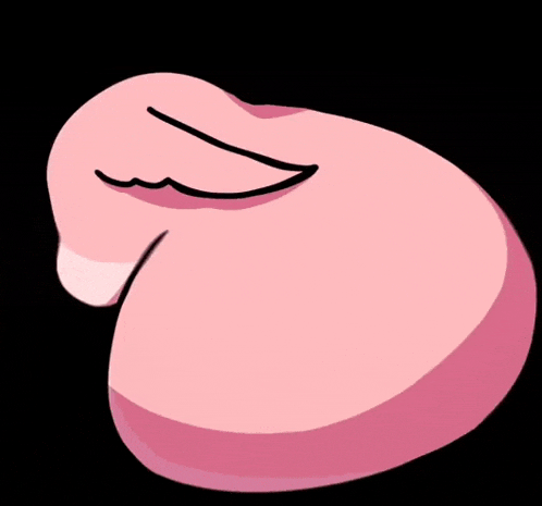 a cartoon drawing of a pig 's butt with its eyes closed on a black background .