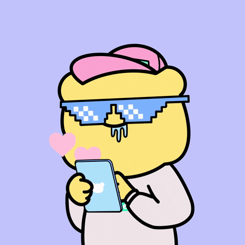 a cartoon character wearing sunglasses and a pink hat is holding a phone