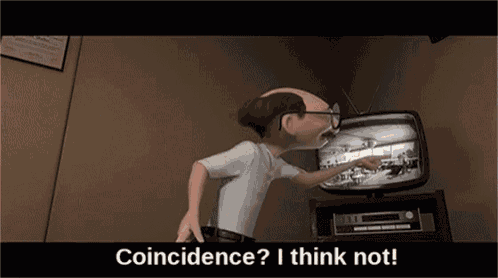 a cartoon character is pointing at a tv screen and says " coincidence ? i think not ! "