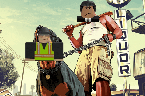 a cartoon of a man holding a bat and a dog on a leash in front of a liquor store