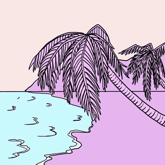a drawing of a beach with palm trees and a wave