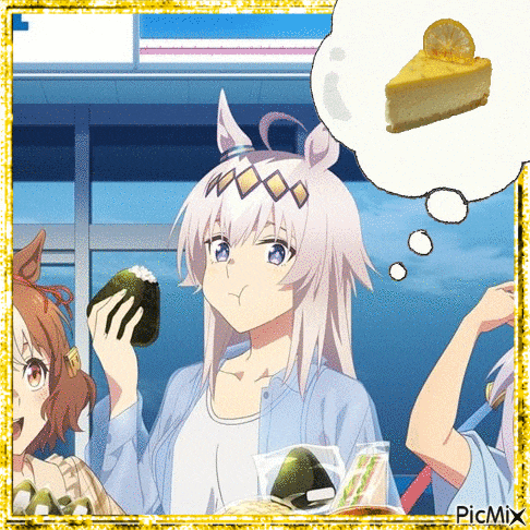 a picture of an anime girl eating a sandwich and a slice of cheesecake