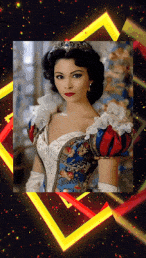 a woman in a dress with a tiara on her head is surrounded by colorful triangles