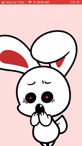 a phone screen shows a cartoon rabbit with a speech bubble saying * shudder *