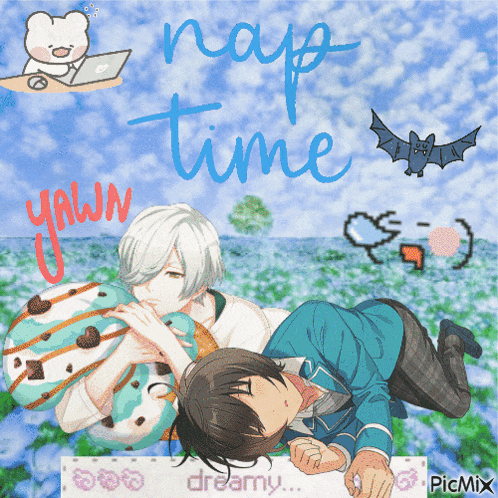 a picture of two anime characters with the words nap time written in blue