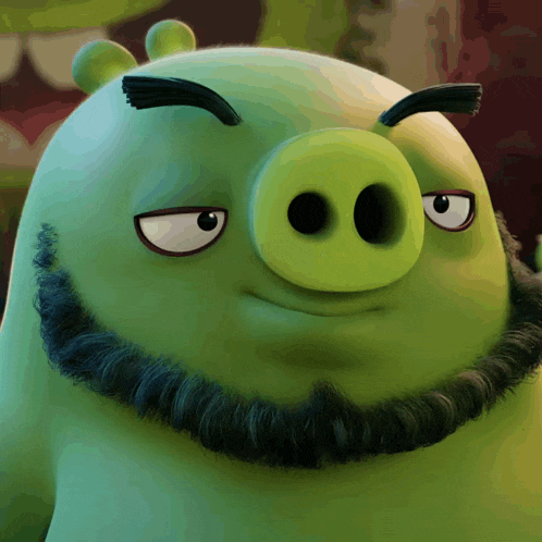 a green pig with a beard and mustache is looking at the camera