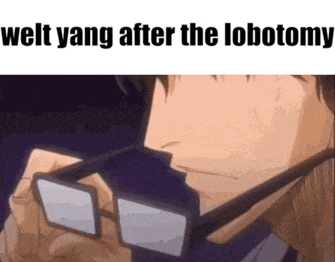 a man wearing glasses with the words welt yang after the lobectomy written above him