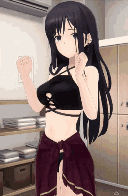 a girl with long black hair is standing in a room with lockers