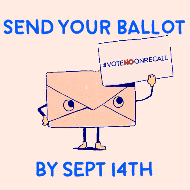 a cartoon of an envelope with arms and legs holding a sign that says send your ballot by sept 14th