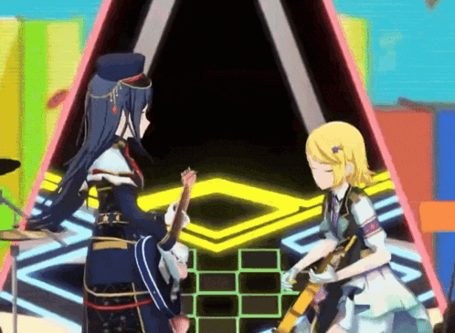 two anime girls are standing next to each other on a stage playing instruments .