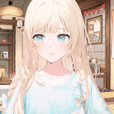 a girl with blonde hair and blue eyes stands in front of a bulletin board with chinese characters on it