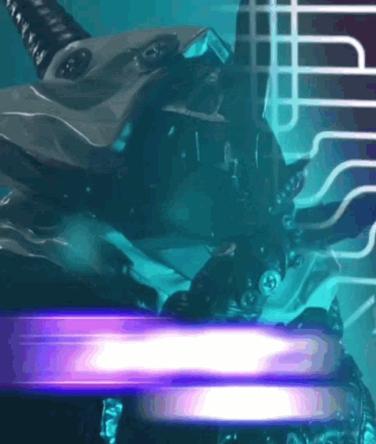 a close up of a robot with a purple light coming out of it
