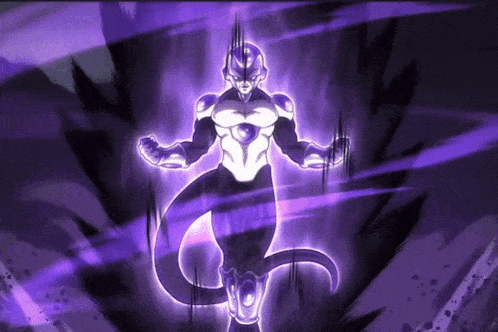 a purple dragon ball z character is standing in the dark