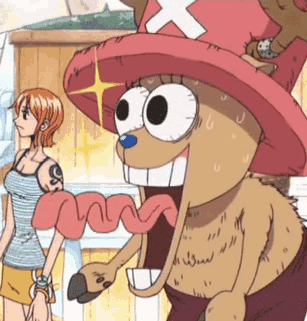 a cartoon character named tony tony chopper with a woman standing behind him