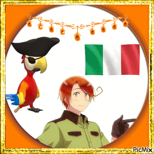 a picture of a man a parrot and a flag with picmix written on the bottom