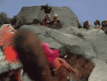 a group of stuffed animals are sitting on a rocky hillside