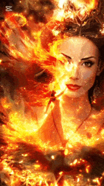 a woman with a crown on her head is surrounded by flames and fire .