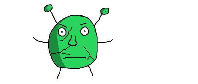 a green cartoon character with red eyes and antennas