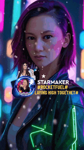 a poster of a woman with purple hair and the words starmaker #rocketfuel laying high together