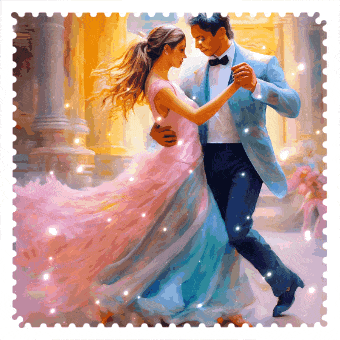 a painting of a man and woman dancing in a pink and blue dress