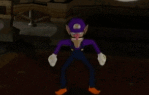a cartoon character with a purple hat and gloves is standing in a dark room