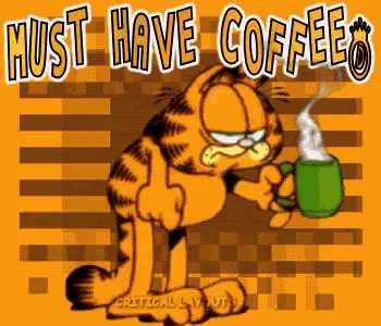 a cartoon of garfield holding a green cup of coffee