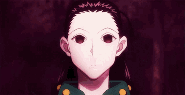 a close up of a anime character 's face with red eyes
