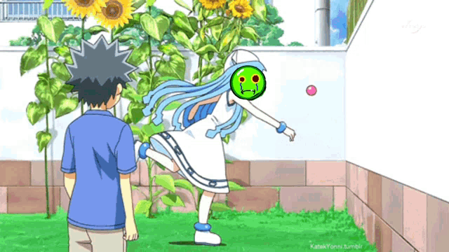 a cartoon of a boy and a girl with a green smiley face on their face