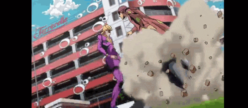 a man in a purple suit is standing in front of a building with a lot of smoke coming out of it .