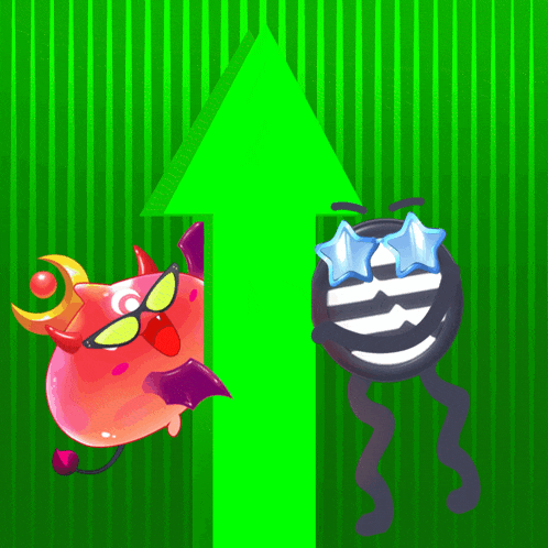 a green arrow pointing up with a devil and a smiley face behind it