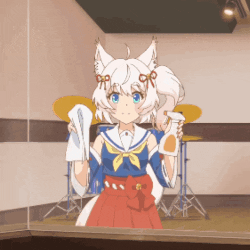 a girl with white hair and blue eyes is holding a spray bottle