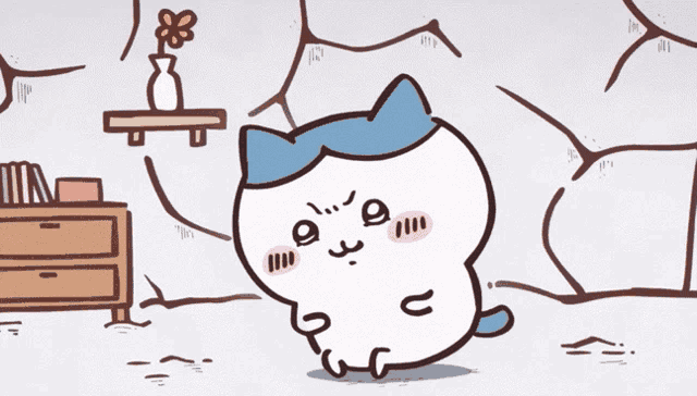 a cartoon drawing of a cat with a blue head and a flower in a vase