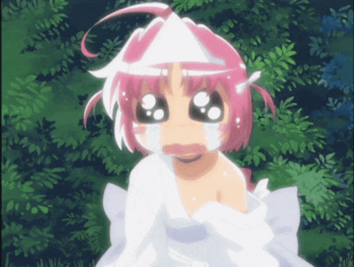 a little girl with pink hair and a white dress